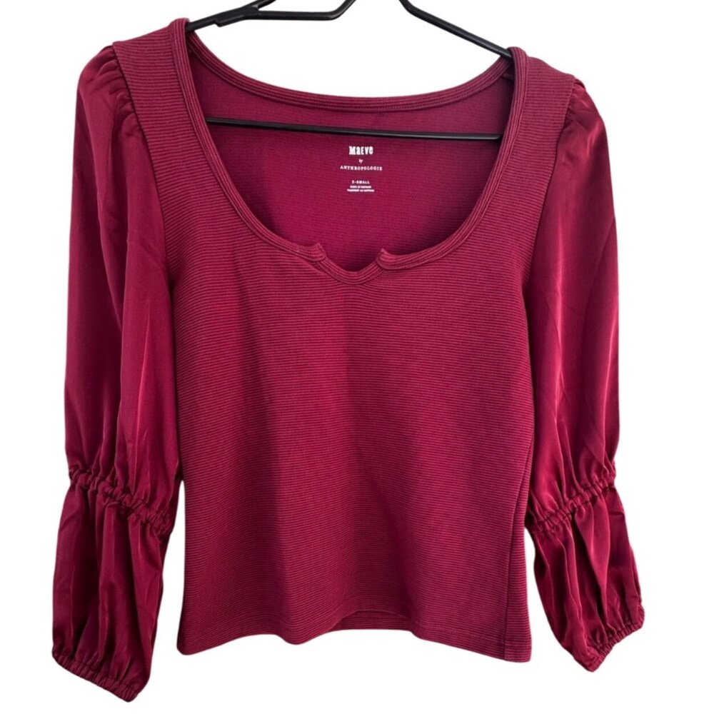 Maeve Anthropologie Shirt  X-Small Burgundy Puff Sleeve Top Cotton Blend